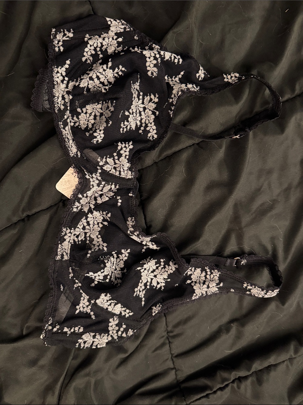 Free People Black Sheer Bra with White Floral Embroidery